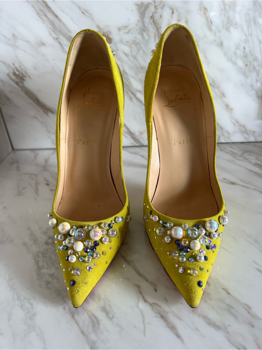 Christian Louboutin Candidate 120mm Cubiste Chartreuse Yellow Suede size 38.5 - Picture 5 of 8